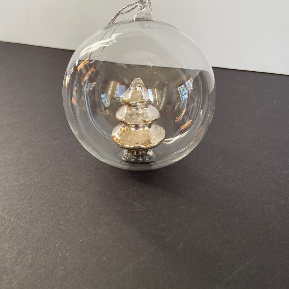 Mod Blown Glass Clear Ball w/Mercury Glass Xmas Tree in Center Ornament